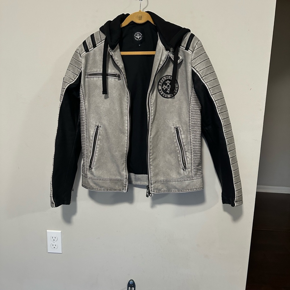 Antagonist by Affliction - Black and Gray Faux Leather Hooded Jacket